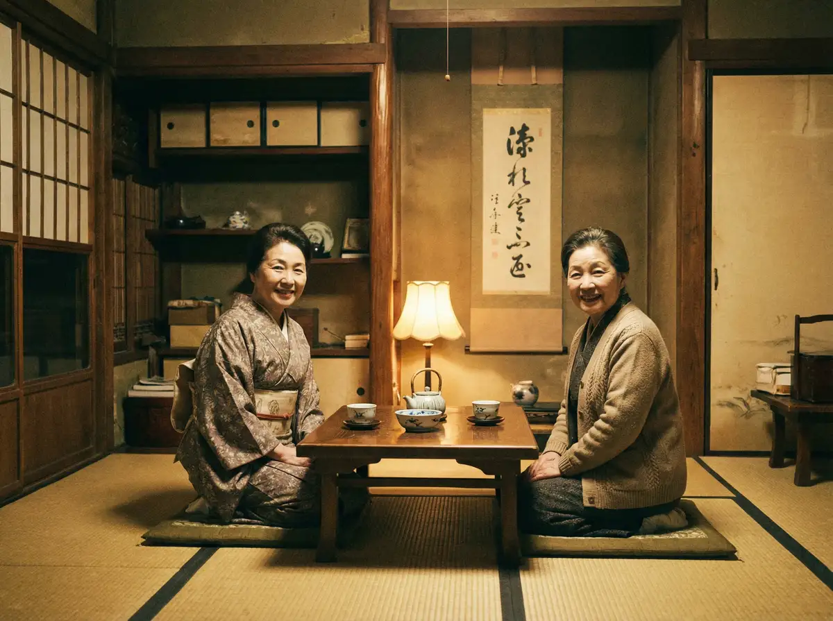 两位优雅的 日本sm电影 在日式茶室中品茶交谈